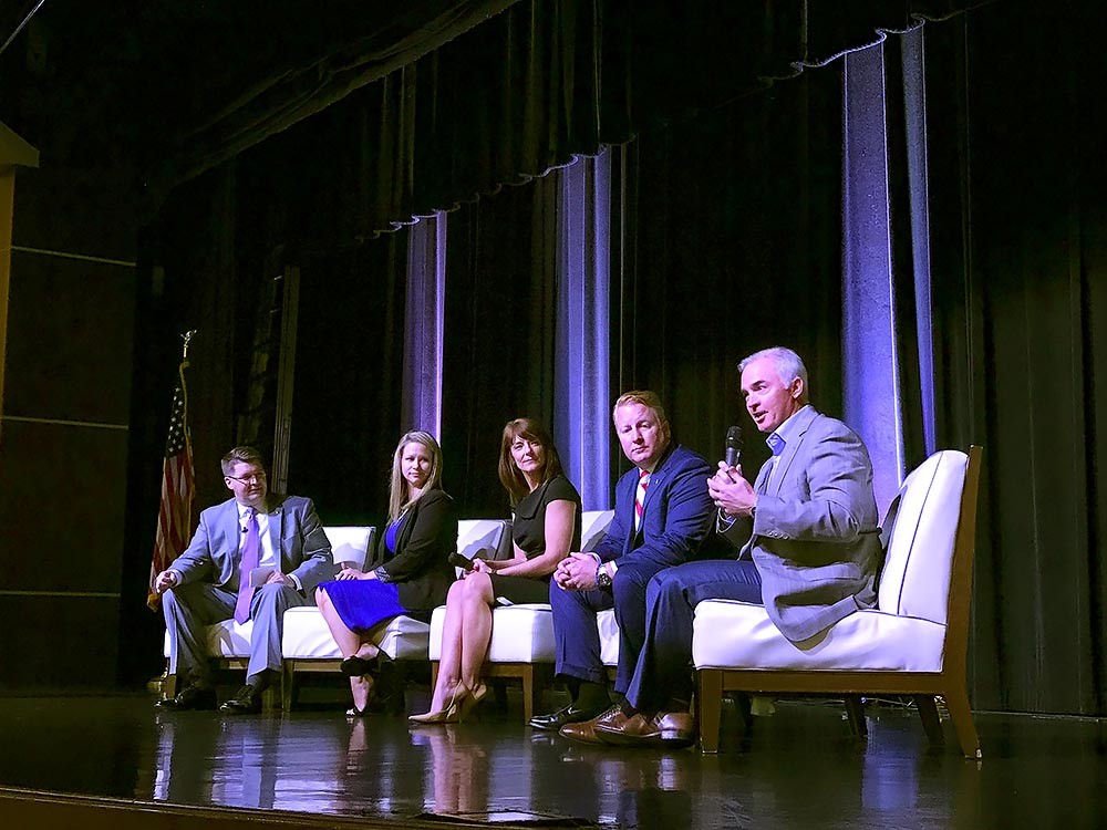 Roughly 450 people attended Springfield Area Chamber of Commerce’s annual Membership Luncheon on Aug. 9 at Oasis Hotel & Convention Center. Above, panelists Matt Morrow, far left, Krystal Russell, Denise Silvey, Jeff Childs and Stuart Stangeland take the stage.
