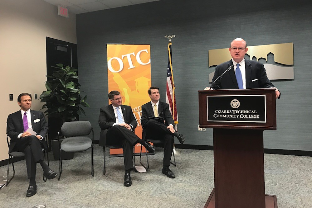 Ozarks Technical Community College Chancellor Hal Higdon addresses the study results along with Chip Sheppard, left, Matt Morrow and Matthew Simpson.