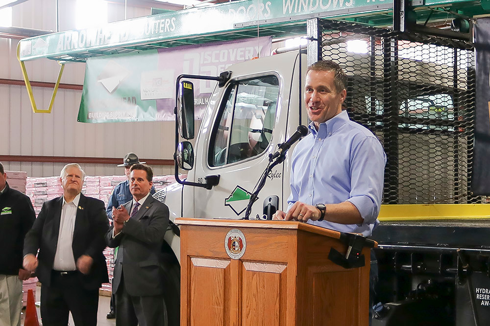 Gov. Eric Greitens visits Arrowhead Building Supply to talk about his tax reforms.