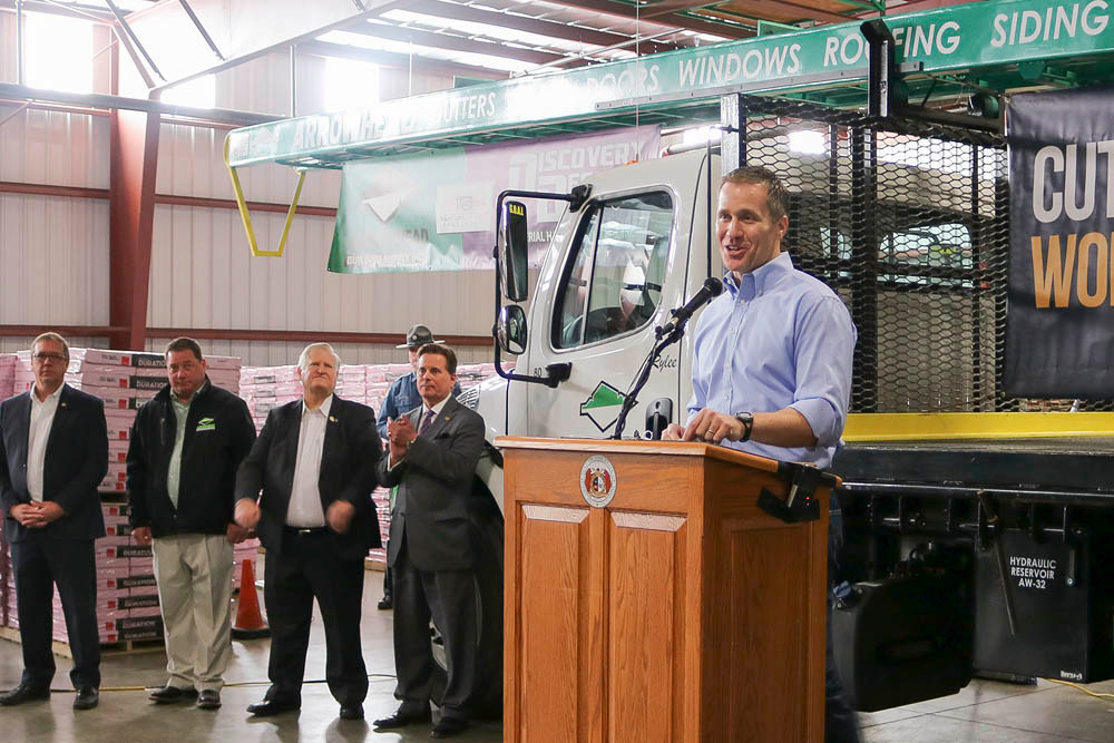 Gov. Eric Greitens visits Arrowhead Building Supply to pitch his tax reform plan.