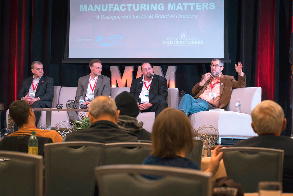 NEW IMAGE: Missouri Association of Manufacturers’ panelists, from left, Scott Bolonda, Pete Fischer, Dan Stroot and Kevin Thompson discuss recruitment and retention efforts.