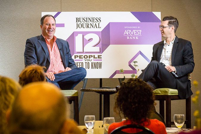SBJ Editor Eric Olson, right, interviews Alamo Drafthouse Cinema owner John Martin for the business journal’s 12 People series.SBJ photo by WES HAMILTON