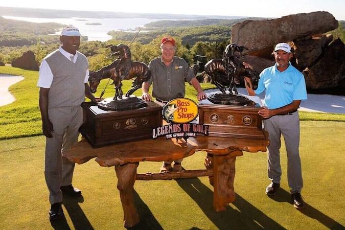 Bass Pro Shops founder Johnny Morris, center, congratulates Vijay Singh and Carlos Franco on their Legends of Golf win this weekend.Photo courtesy BASS PRO SHOPS