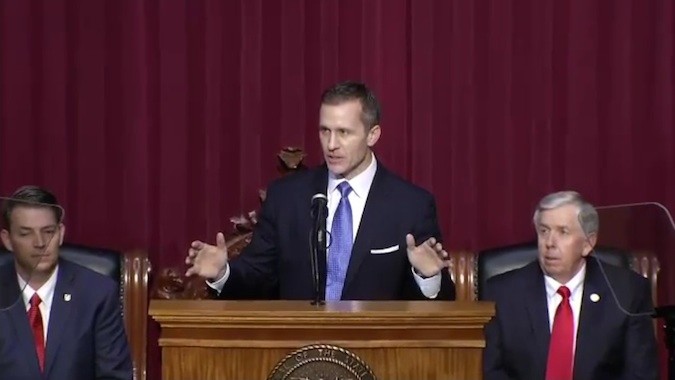Missouri Gov. Eric Greitens delivers his first State of the State address flanked by House Speaker Todd Richardson, left, and Lt. Gov. Mike Parson.Photo courtesy OFFICE OF ERIC GREITENS