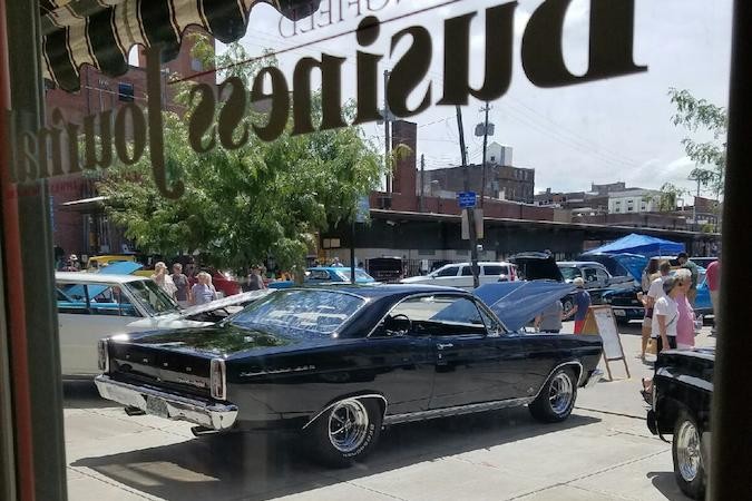 Shown here from inside Springfield Business Journal’s office, 375 classic cars were available for viewing during the Birthplace of Route 66 Festival downtown.SBJ photo by MAR’ELLEN FELIN