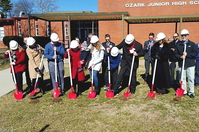 Ozark R-6 School District officials broke ground yesterday on additions and renovations to the junior high school. The groundbreaking kicked off $20 million in projects to five district school buildings. Photo provided by OZARK R-6 SCHOOL DISTRICT