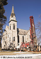 A crew from Buffalo-based Wil-Co Drilling Feb. 1 drills for the new geothermal heating system at Drury's Stone Chapel.