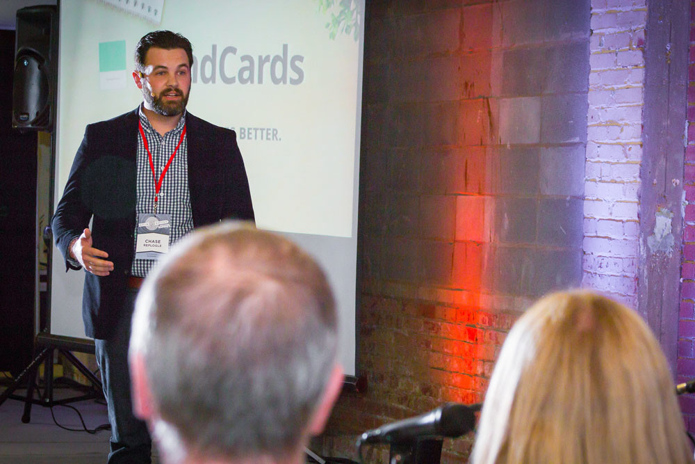 IDEA PITCH: Chase Replogle of Brandcards Inc. presents during the Pitch Pit at the 2016 Spin 66 event hosted by The eFactory.