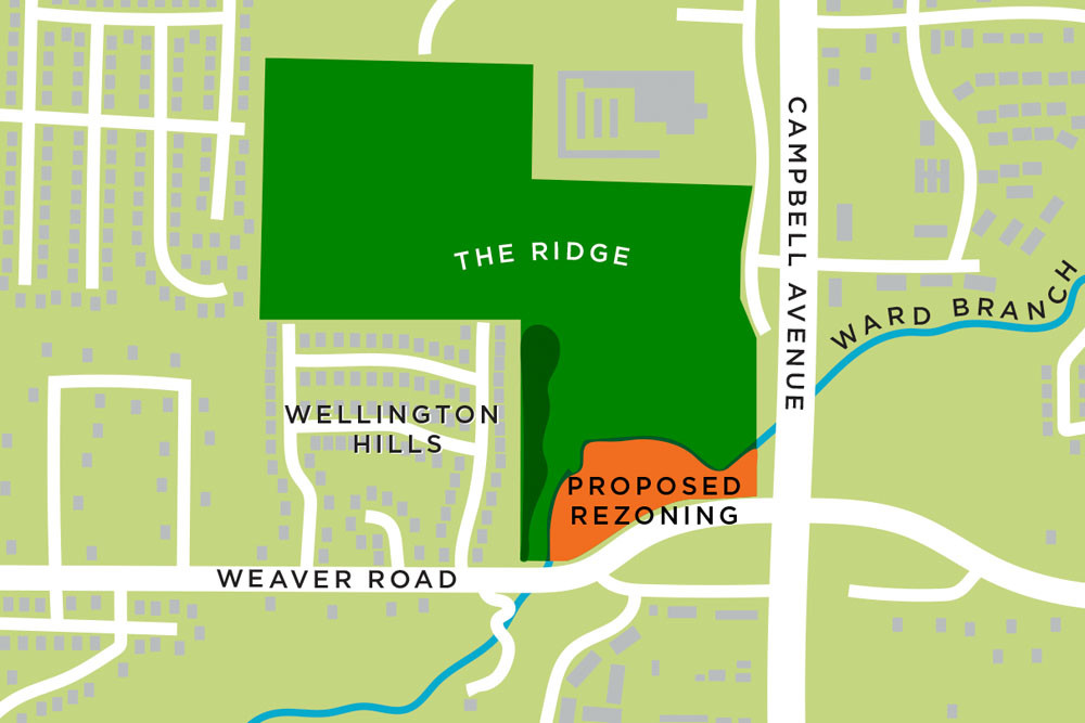 The Ridge developer seeks to rezone 6 acres at Campbell Avenue and Weaver Road to multifamily residential. Full plan would develop the land south of the Library Center.