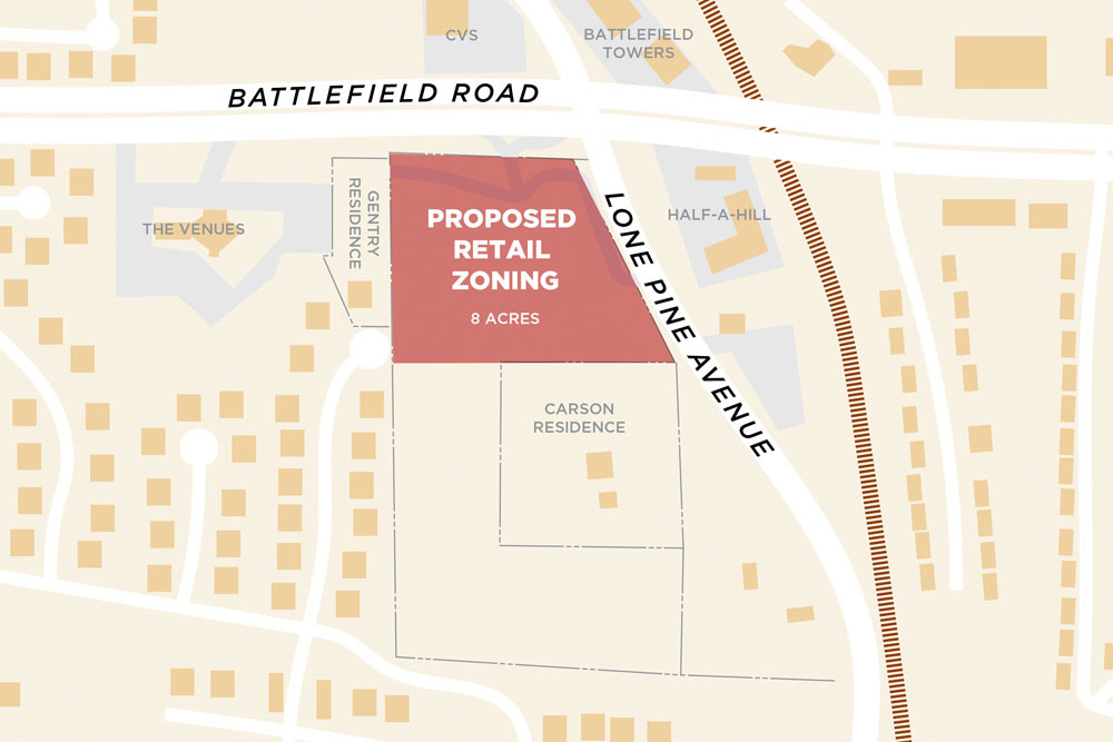 ZONING REQUEST: Briarcliff Investments and John Gentry have applied to rezone 8 acres at Battlefield Road and Lone Pine Avenue.