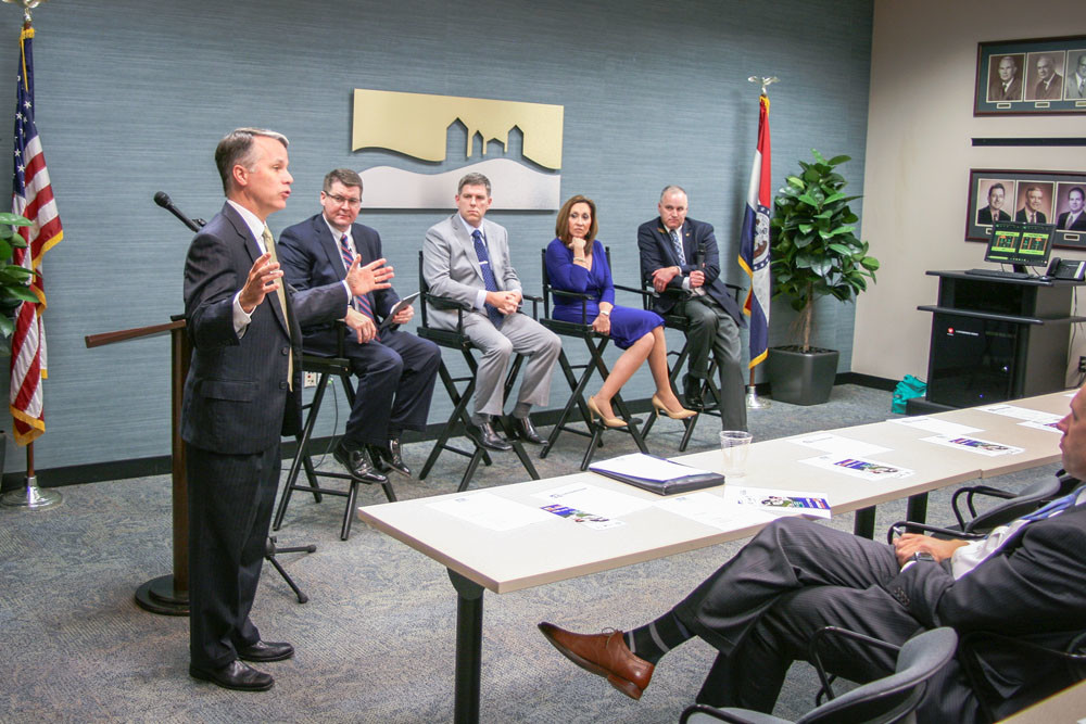 TAX TALK: State Transportation Director Patrick McKenna fields a question at a chamber event in support of Proposition D. Panel participants were Matt Morrow, Dan Kleinsorge, Mary Beth Hartman and Kevin Corlew.