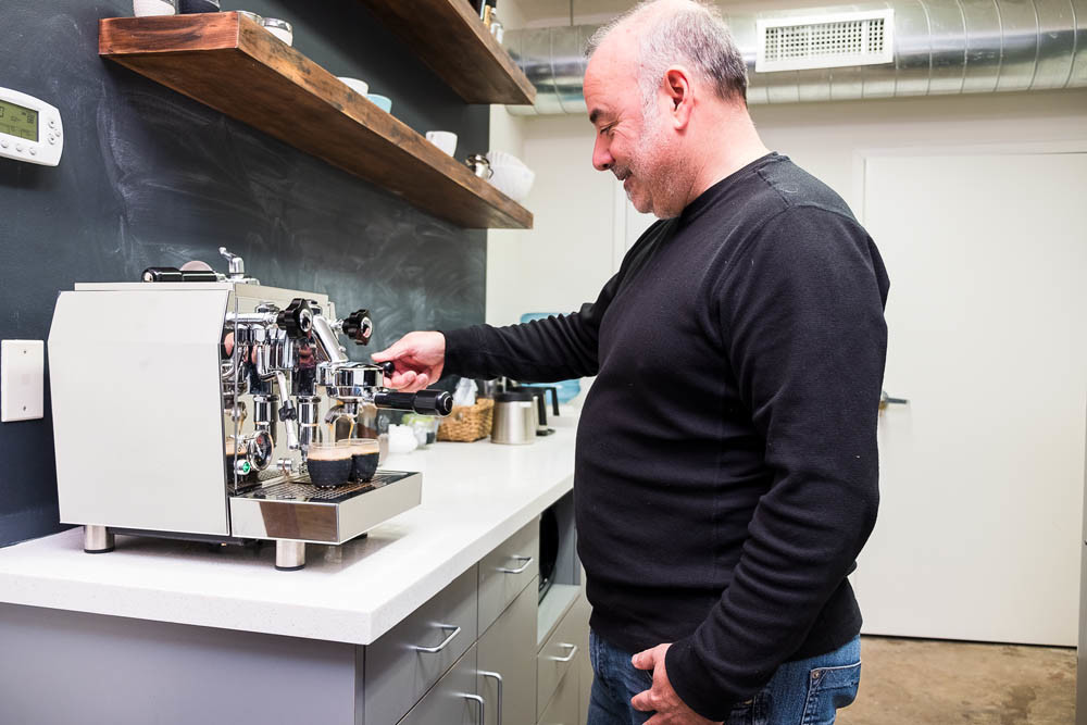 Employee Fuel
A Rocket espresso machine is the lifeblood of employees. Bruce Adib-Yazdi, vice president of development, fills up a couple of cups.