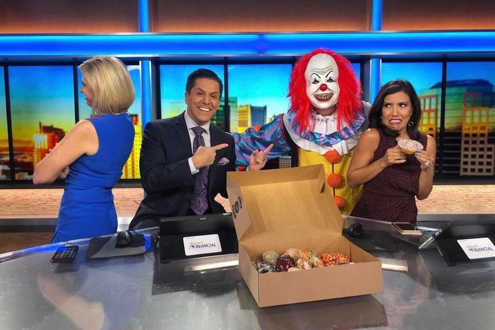 Hurts Donut’s scary clown campaign shows up on the set of “Good Morning Arizona” this week.