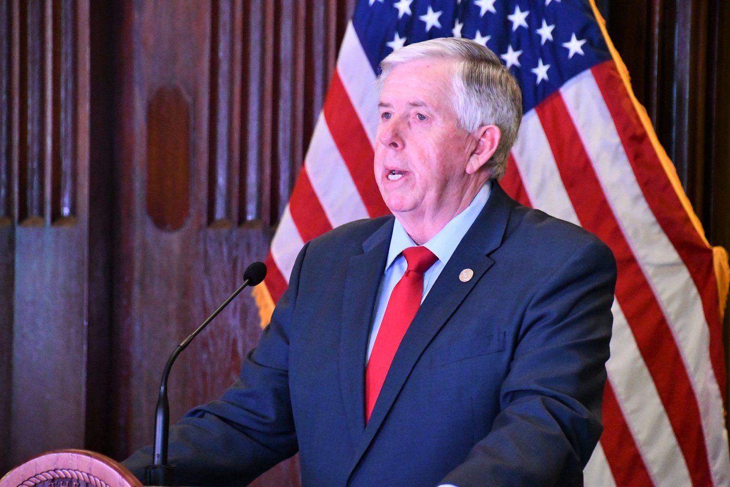 Gov. Mike Parson on Friday announces a statewide stay-at-home order.