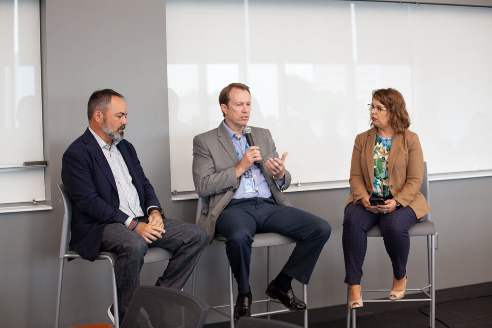 From left, Rob Haik of H Design Group LLC, Jason Gage of the city of Springfield and Springfield Business Journal's Mar'Ellen Felin participate in an Economic Growth Survey forum panel last summer.