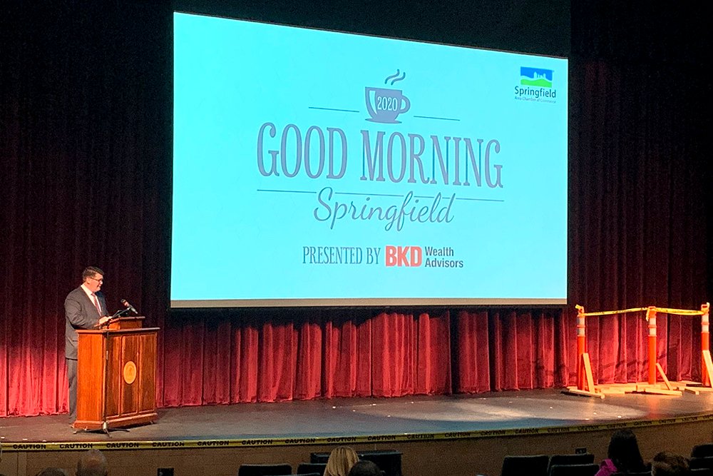 GOOD TO BE BACK
Springfield Area Chamber of Commerce President Matt Morrow welcomes attendees to the first in-person Good Morning, Springfield event since COVID-19 social distance restrictions were put in place. It was held Aug. 6 at Kickapoo High School and featured reports from Springfield Public Schools officials.