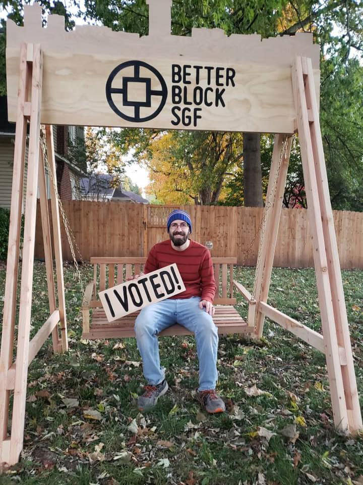 SWING VOTE
Better Block SGF organizers built a bench for voters to take a swing and a photo after leaving the polls Nov. 3 at JQH Arena on Missouri State University’s campus. They called it the Swing Vote and posted pictures on social media with the #swingvote hashtag.
