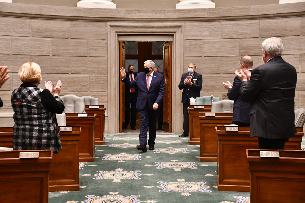 Gov. Mike Parson enters the Senate chamber Jan. 27 to give his address.