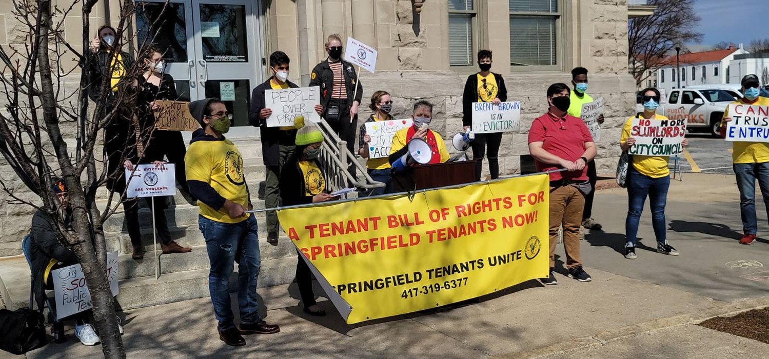 Springfield Tenants Unite on March 6 rallies for renter protections on the steps of City Hall.