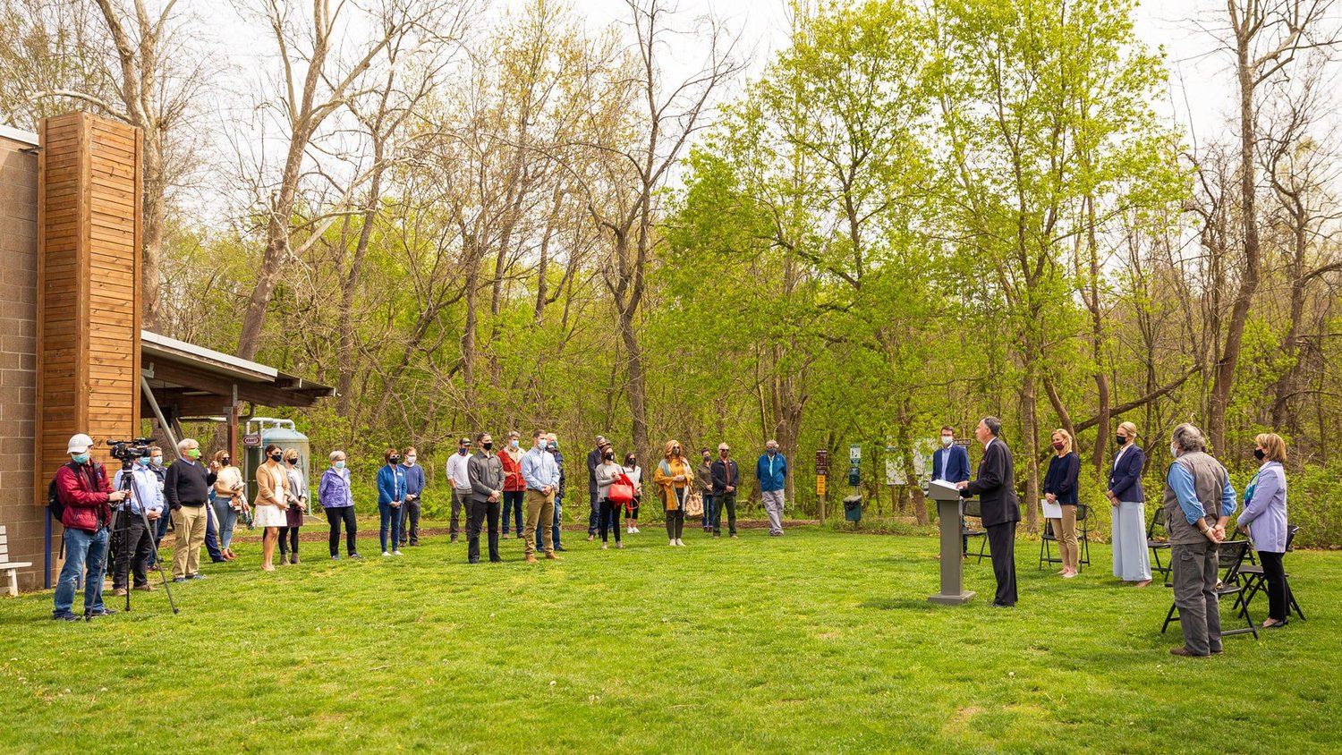 Officials gather on Earth Day at the Watershed Center at Valley Water Mill Park to announce the new endowments.