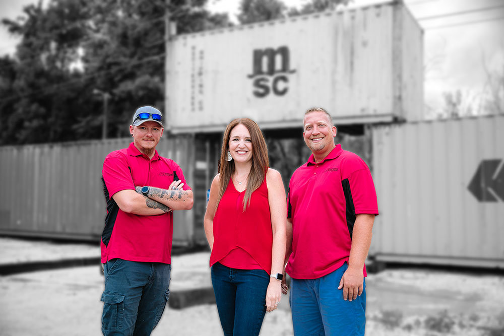 The team at Superior Containers, represented by Lead Driver Samuel Cady, from left, Business Manager Christie Lancaster and Business Development Specialist Derek Scellin, sources retired shipping containers for new purposes in the Ozarks.