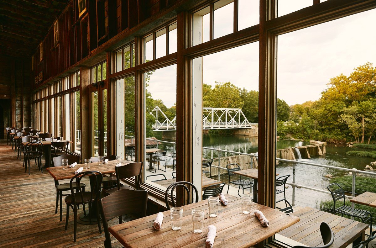 The Ozark Mill Restaurant has views of the Finley River and the relocated Riverside Bridge.