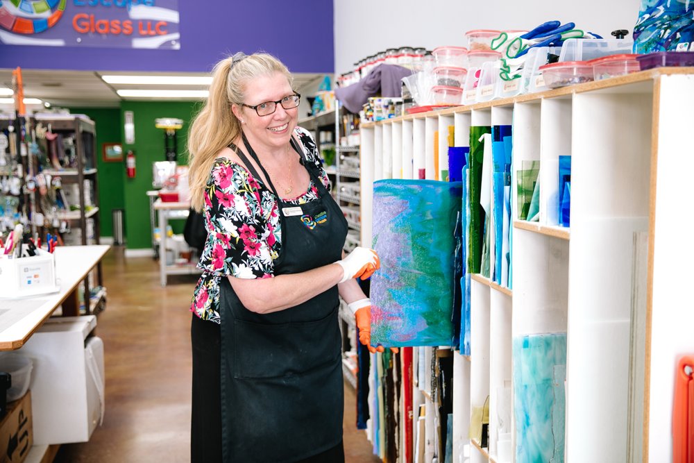Creative Escape Glass co-owner Rebekah Santiago says her studio offers myriad colors, sizes and varieties of glass for crafters, allowing customers to exercise the creative part of their brain.