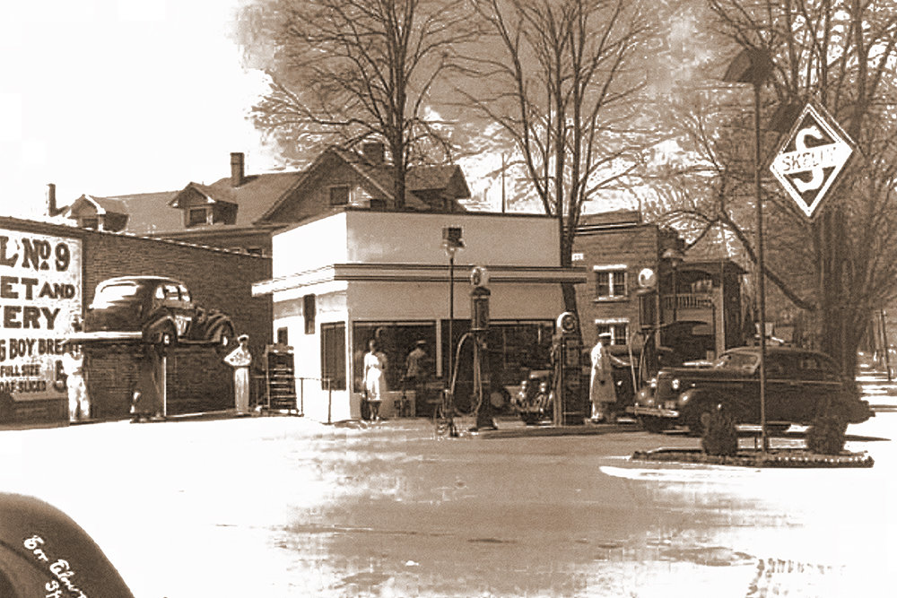 J.P. Cantrell Oil Co.'s Skelly filling station occupied the parking lot area of the National Art building in the early 1930s.