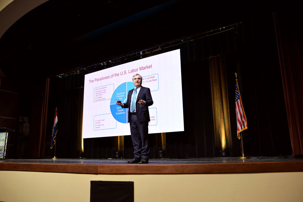 LABOR CHALLENGES: Harvard Business School professor Joseph Fuller shares current U.S. labor market challenges during a March 3 presentation at the Springfield Business Development Corp.'s annual meeting.