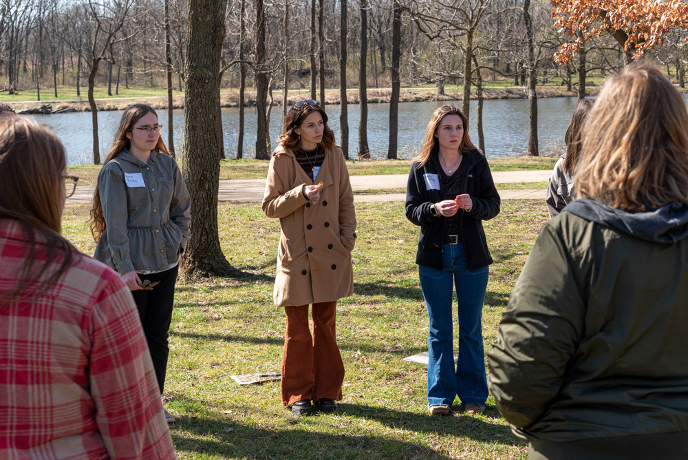 From left, college students Anna Riley, Darby Eggleston and Melody Meeks participate in an Ozarks Teacher Corps professional development day at the Springfield Botanical Gardens.