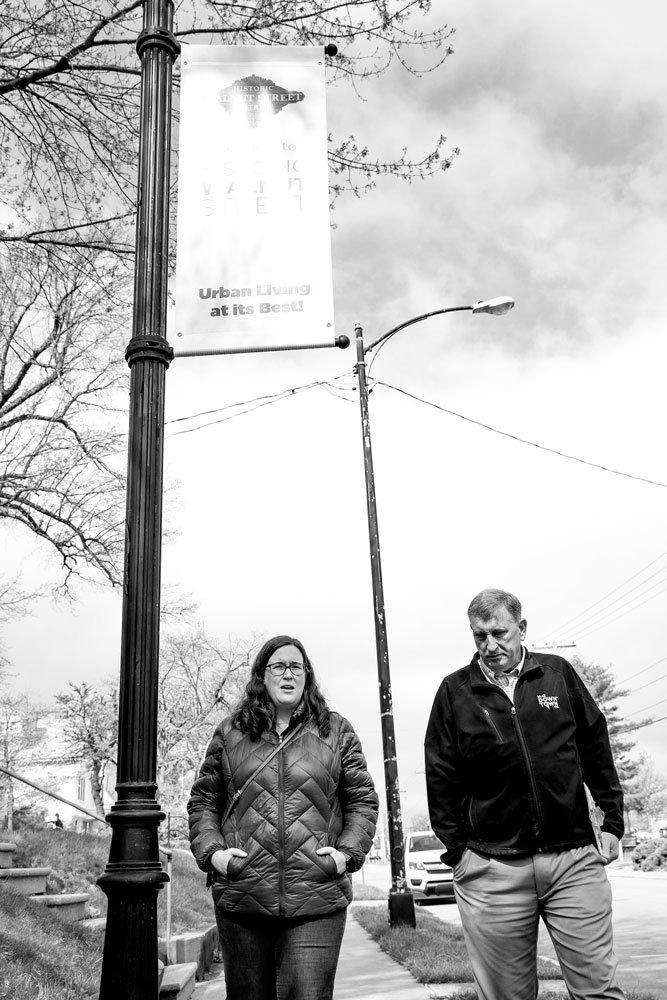 ART WALK: Leslie Forrester and Rusty Worley of the Downtown Springfield Association do early site inspection for Artsfest on Historic Walnut Street.