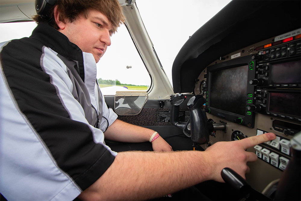 Student pilot Hayden Wiggins, in OTC's aviation program, prepares to taxi down the runway.