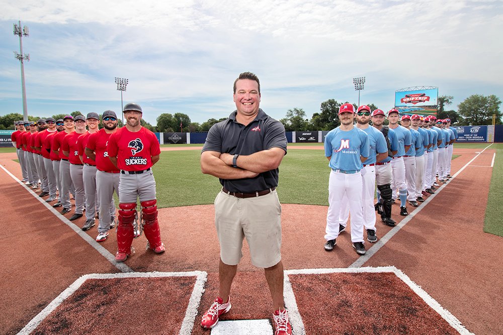 ON THE DIAMOND: Grip N Rip Baseball founder Tony Lewis stands on home plate at U.S. Baseball Park in Ozark before two teams face off in the adult amateur league.