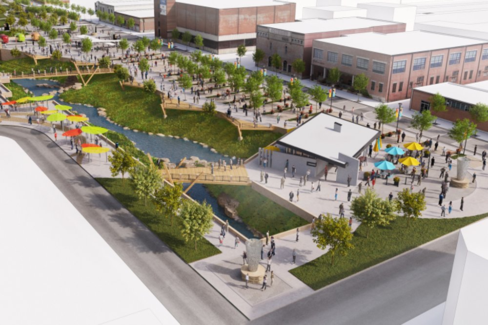 The prospect of a free-flowing Jordan Creek moving through, instead of beneath, downtown Springfield invites creative imaginings for what its course might look like. Here is a preliminary rendering.