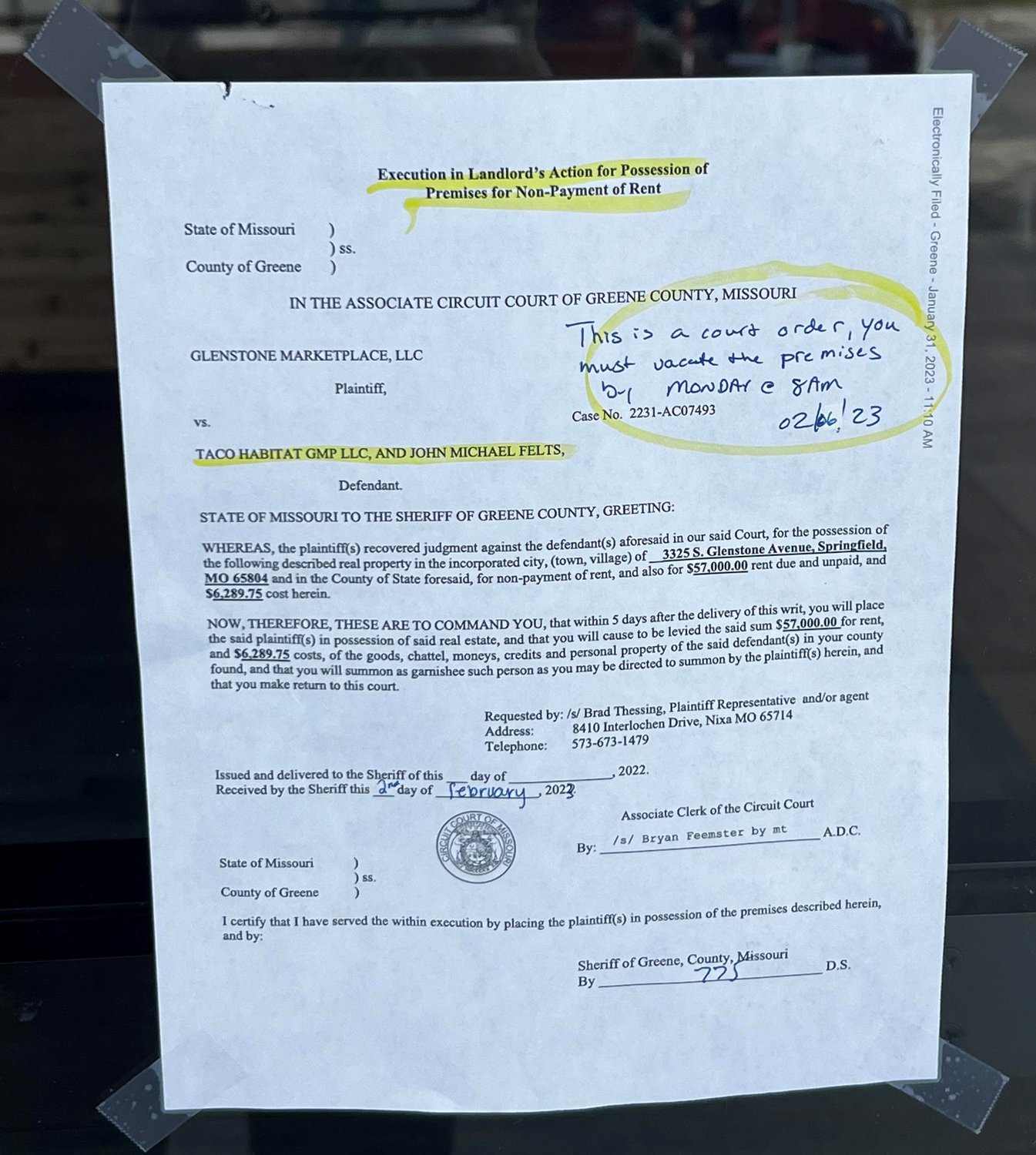 A court order posted to the restaurant's door points to tens of thousands of dollars in unpaid rent.