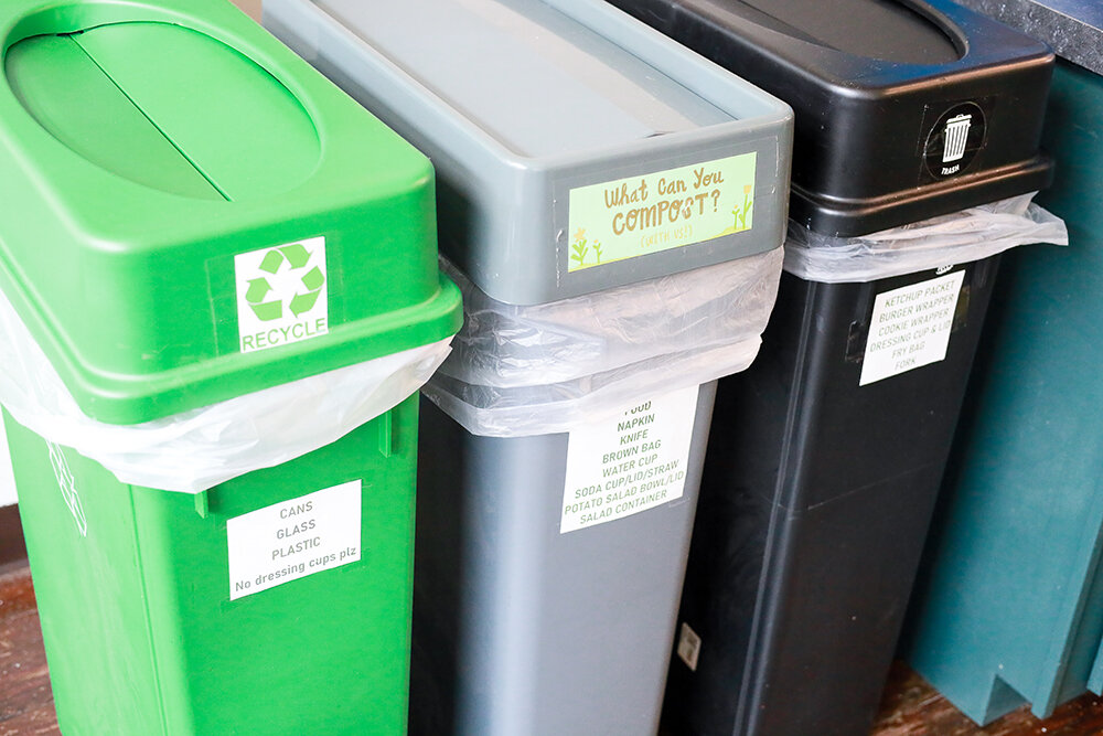 Aside from a trash receptacle, Bosky's Vegan Grill also has containers for recyclable and compostable items.