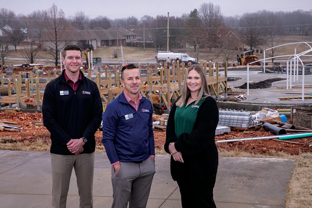 AQUATIC ACTIVITY: Flanked by city of Republic employees Garrett Cline and Emma Dulin, Jared Keeling, assistant city administrator and parks and recreation director, says the expansion project for The Rush Republic Aquatic Park is set to wrap by May.